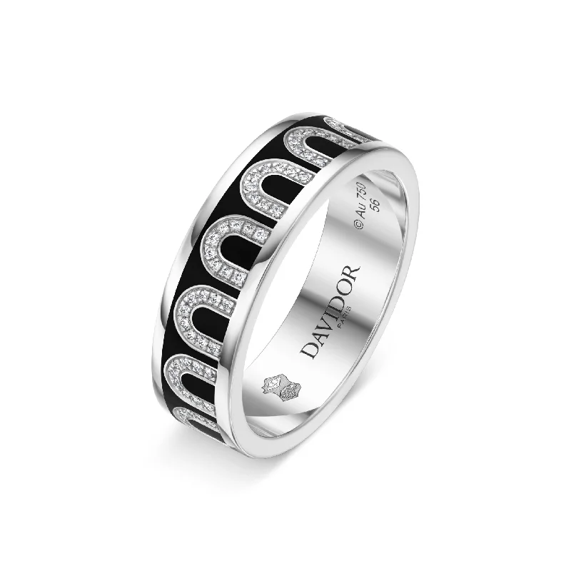 women's rings with side stones -L'Arc de DAVIDOR Ring MM, 18k White Gold with Caviar Lacquered Ceramic and Arcade Diamonds