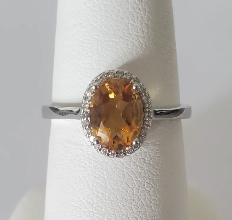 women's rings round cut -14kt White Gold Citrine and Diamond Halo Ring