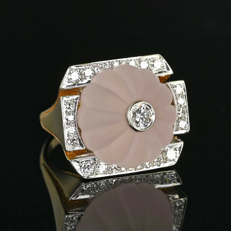 women's engagement rings promise ring -Vintage Melon Rose Quartz Diamond Ring in 14K Gold