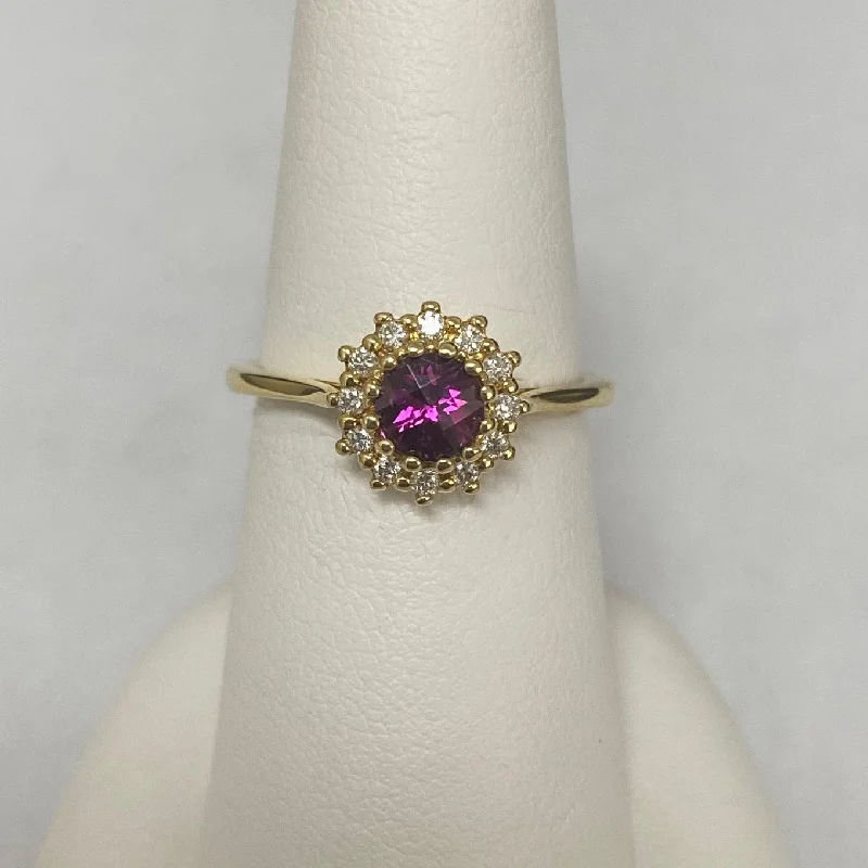 women's rings gold -18kt Yellow Gold Rhodolite Garnet and Halo Ring