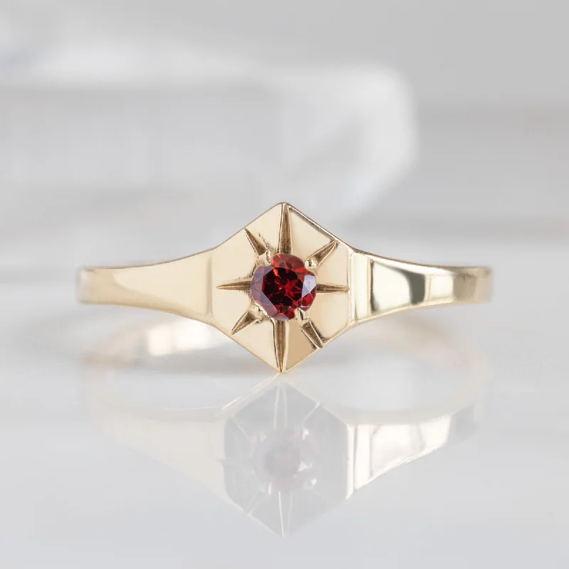 women's rings boho style -Custom Garnet Birthstone Signet Ring | 10K Yellow Gold