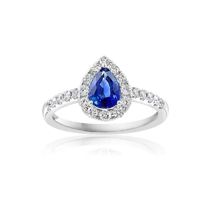 women's rings silver -14K White Gold Pear Shape Sapphire & Diamond Halo Ring