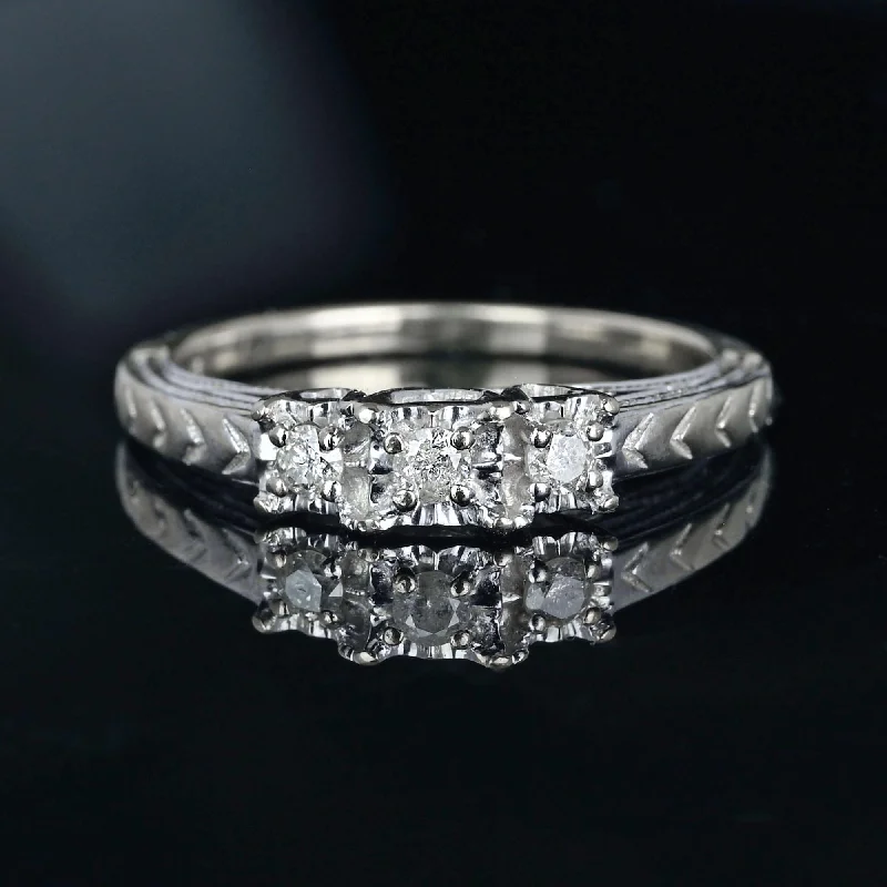 women's engagement rings baguette accents -Vintage 10K White Gold Three Stone Diamond Ring