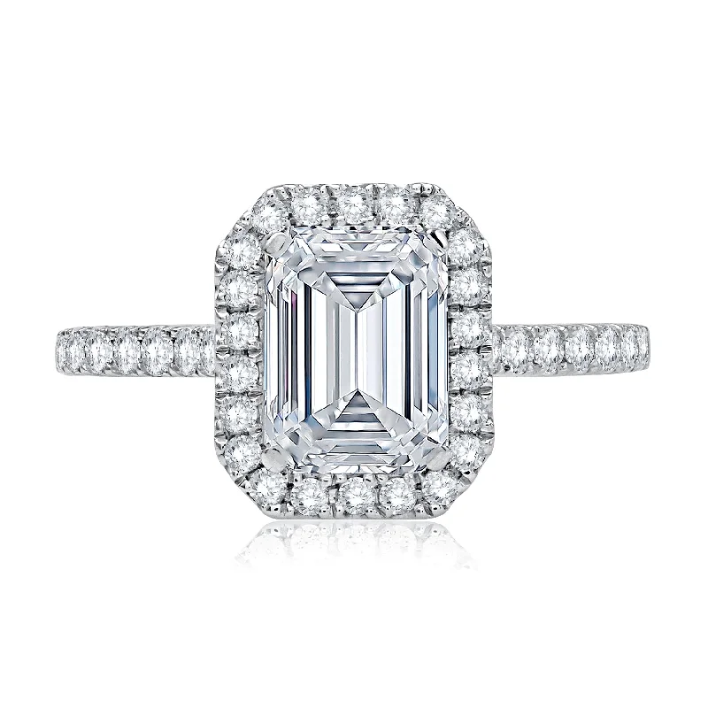 women's engagement rings minimalist style -Emerald Cut Diamond Halo Engagement Ring with Quilted Interior