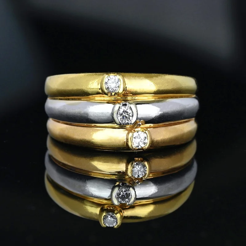 women's engagement rings vintage style -Vintage Tri-Color 18K Gold Wide Diamond Ring Band