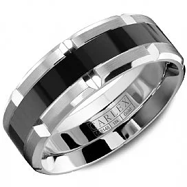 women's engagement rings three stone -Men's 14K White Gold Wedding Band with Black Enamel