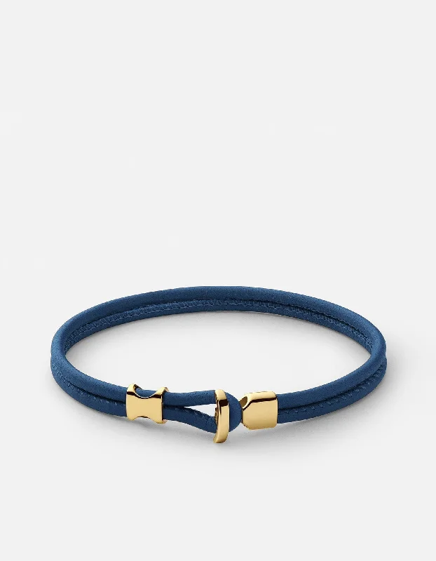 women's bracelets classic pearl -Orson Loop Navy Leather Bracelet, Gold Vermeil