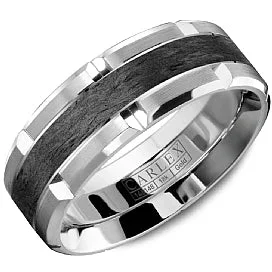 women's engagement rings large carat size -14K White Gold and Black Forged Carbon Fiber Bevel Cut Wedding Band