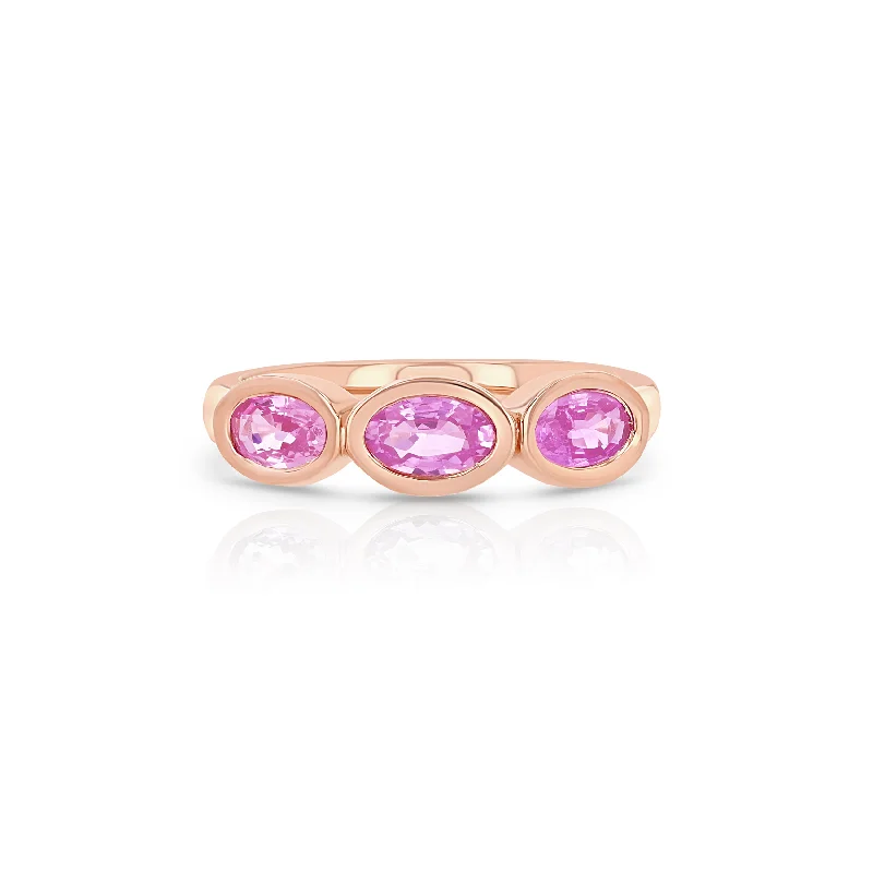 women's rings handcrafted silver -Pink Sapphire Trio Oval Pinky Ring