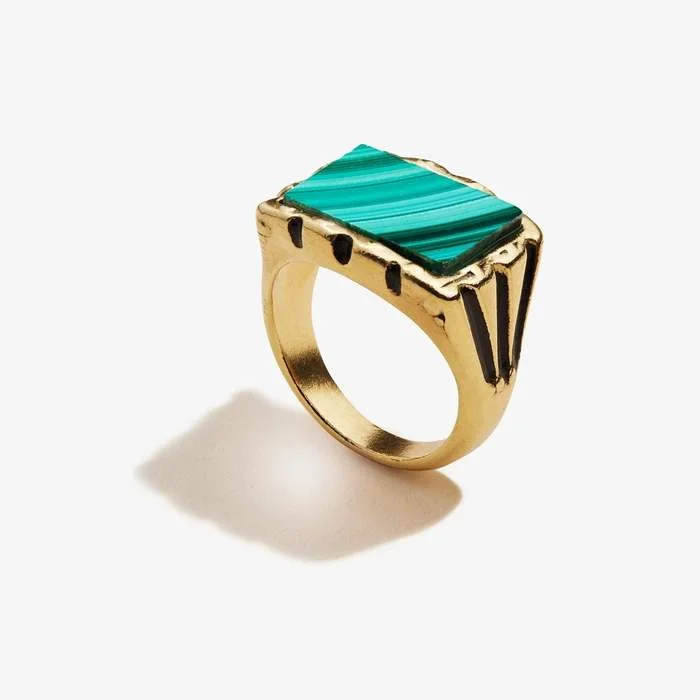 women's rings double band -Signet Ring, Malachite