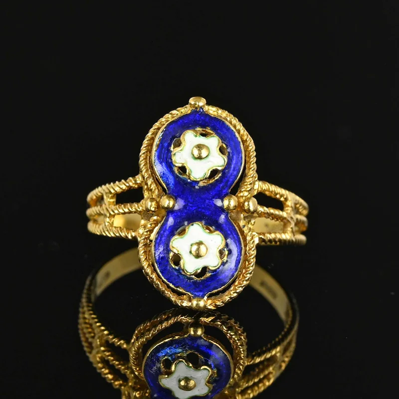 women's rings sleek and modern -Fine 18K Gold Blue Guilloche Enamel Floral Ring