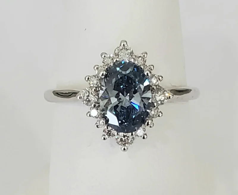 women's rings oval cut -14kt White Gold Blue Diamond Halo Ring