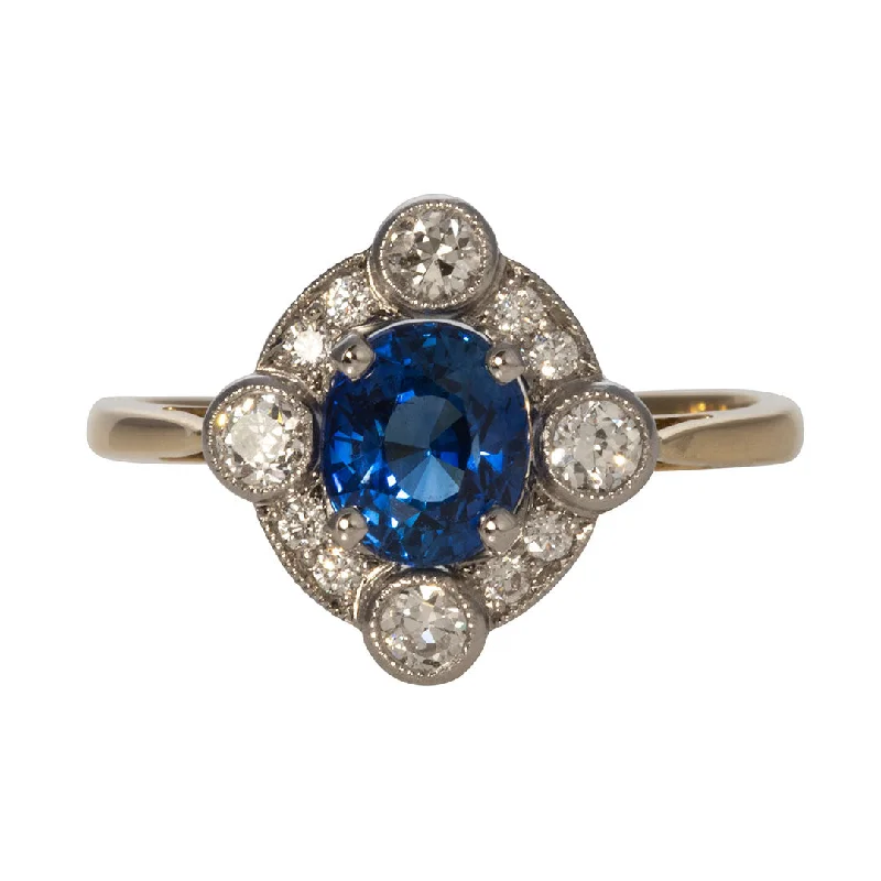 women's engagement rings delicate band -Edwardian Style 1.25ct Oval Sapphire & Diamond Ring