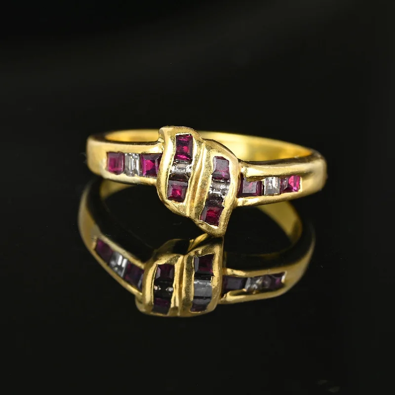 women's engagement rings thick band -Love Knot 18K Gold Ruby Baguette Diamond Ring Band