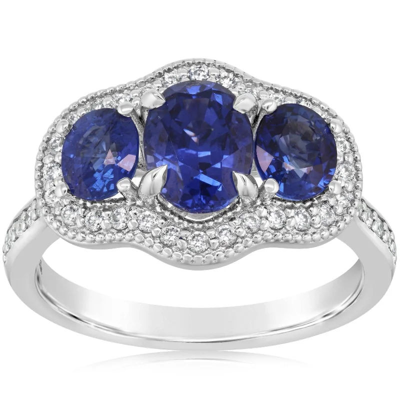 women's engagement rings eco-friendly -Sapphire & Diamond Ring with Milgrain Details