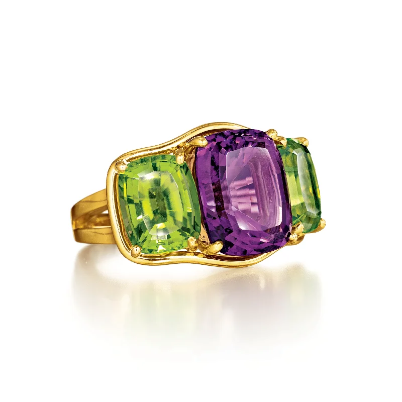 women's rings fancy color diamonds -Three Stone Ring in Amethyst and Peridot